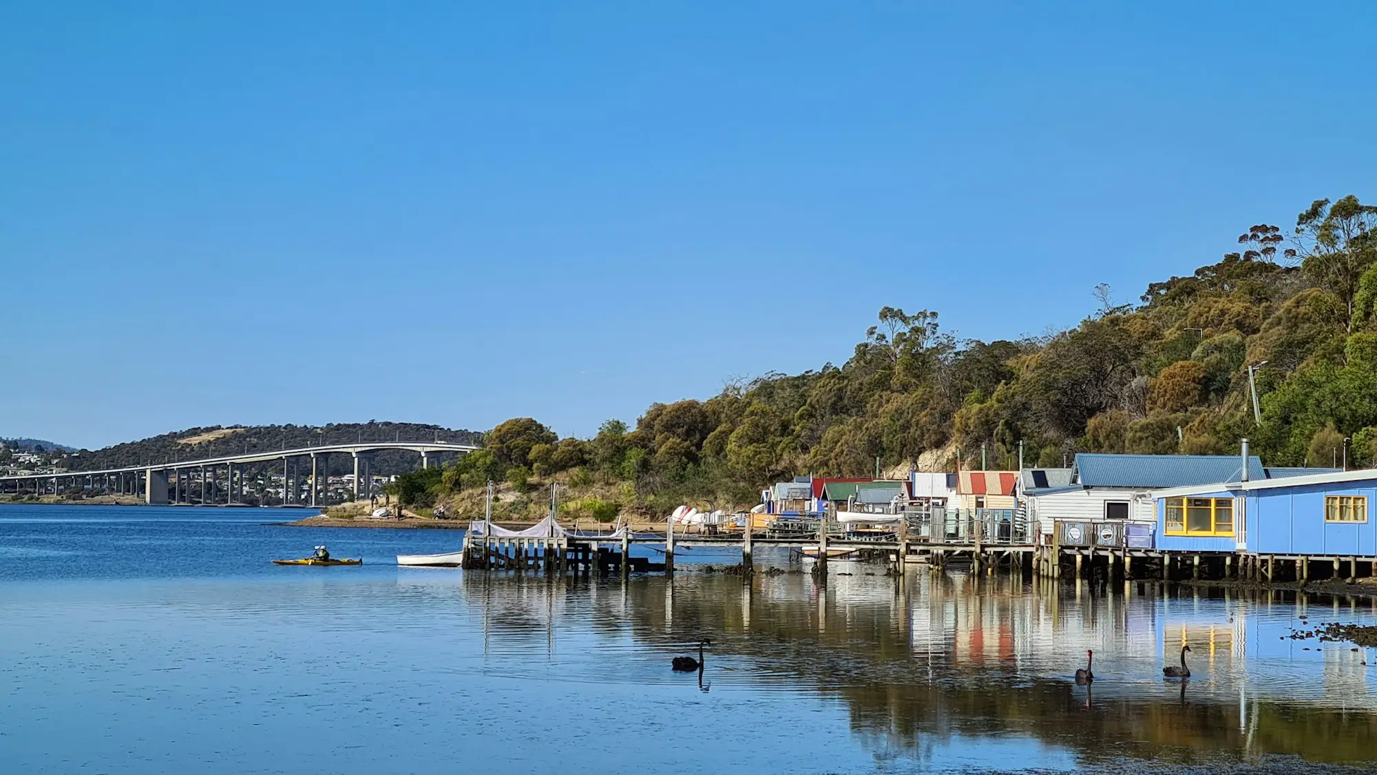 Hobart waterfront at Cornelian Bay with boat sheds and the Tasman Bridge